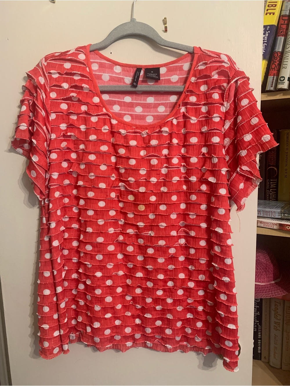new directions Coral Red Polka Dot Ruffle Short Sleeve Blouse